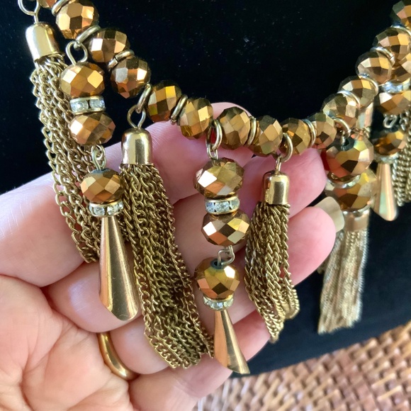 Two Stunning Golden Bronze NECKLACES Gold TASSEL  ⭐️GLASS FACETED BEAD - Picture 4 of 17